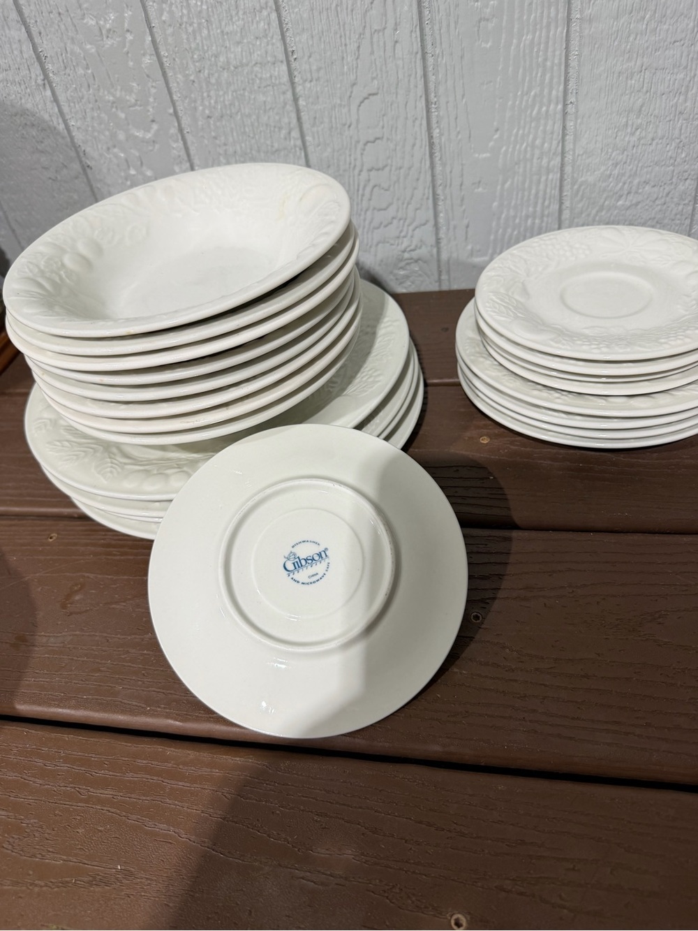 Vintage Gibson White Raised Fruit Embossed China Plates,Bowls,Salad & Saucers